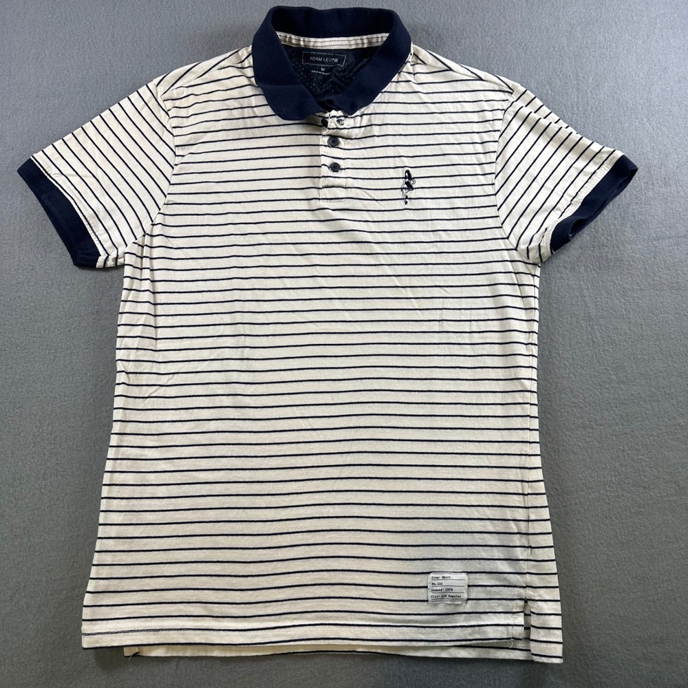 Adam Levine Mens Striped Polo Shirt Medium Cream Navy Blue Pinup Girl Graphic
